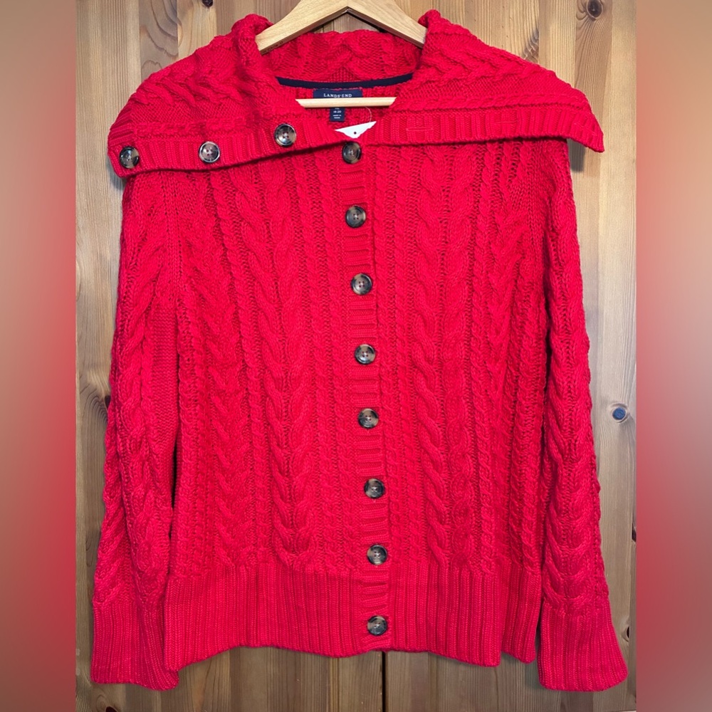 Lands End Cable Knit Cardigan Sweater Red Y2K Preppy Cottage Core Womens XL New